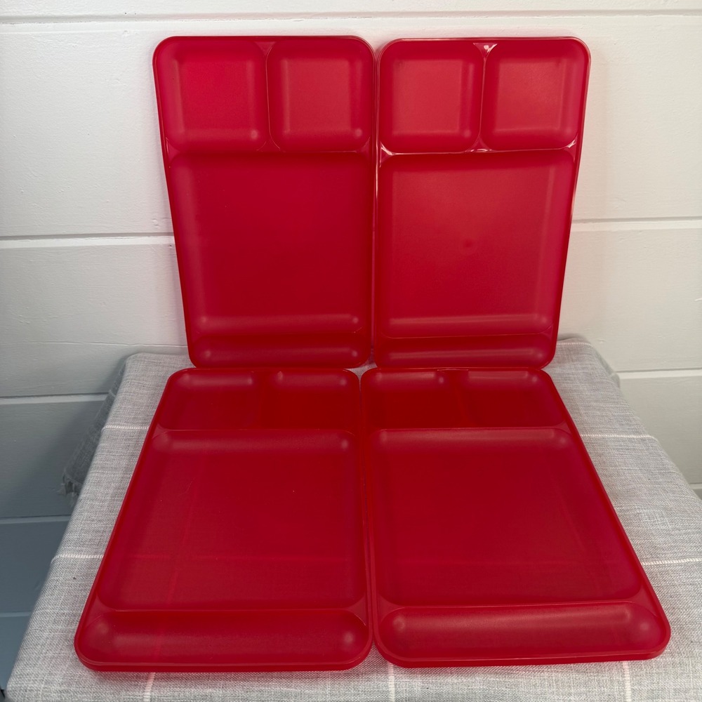 Set of FOUR Tupperwear Red Plastic Food Tray Dinner Seperated Divided Lunch Tray